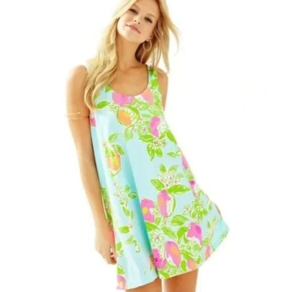 Lilly Pulitzer Pool Blue Pink Lemonade Carmel Floral Printed Cotton Tank Dress - Picture 1 of 12